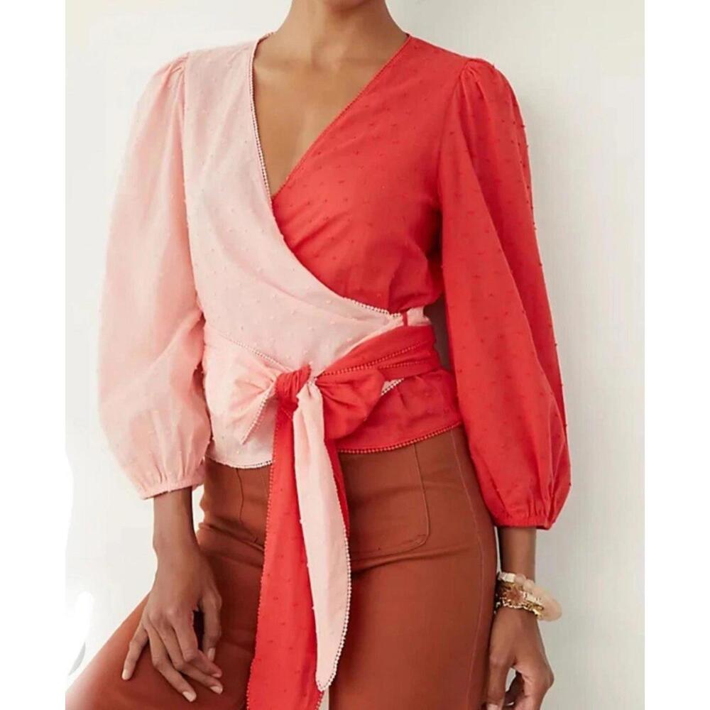 Farm Rio XS Pink Red Colorblock Swiss Dot Wrap Top